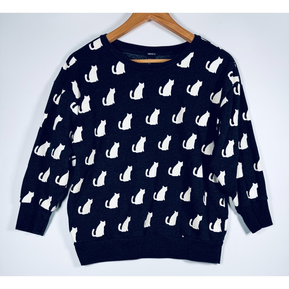 Cat Print Sweatshirt Womens Small Gray White Crewneck Long Sleeve Forever 21